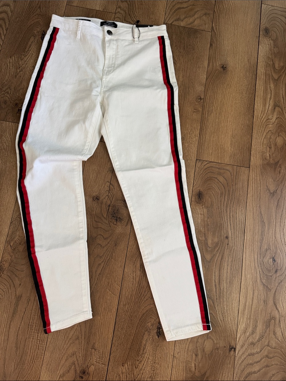 Bershka White Jeans with Red and Black Side Stripes